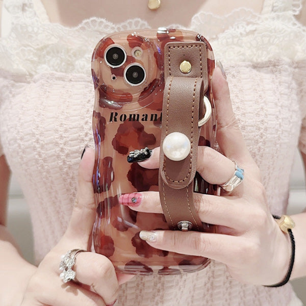 Leather case compatible with iPhone 14 15 case with wrist strap, leopard print.