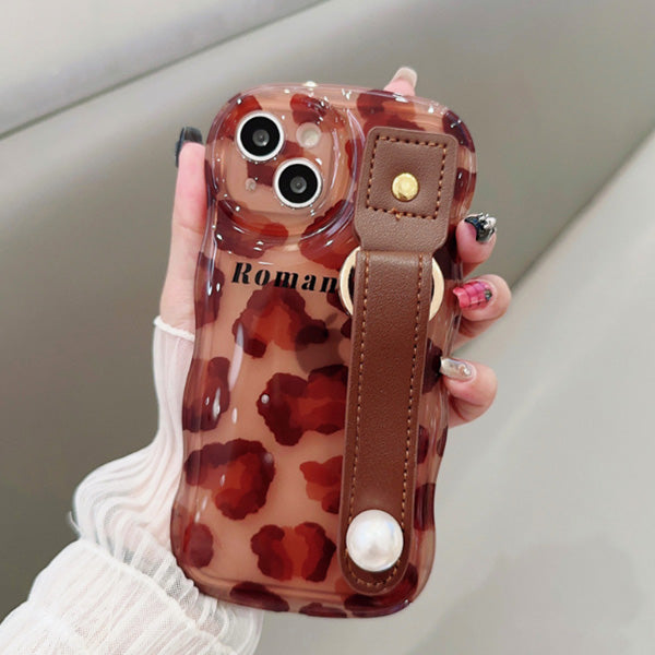 Leather case compatible with iPhone 14 15 case with wrist strap, leopard print.
