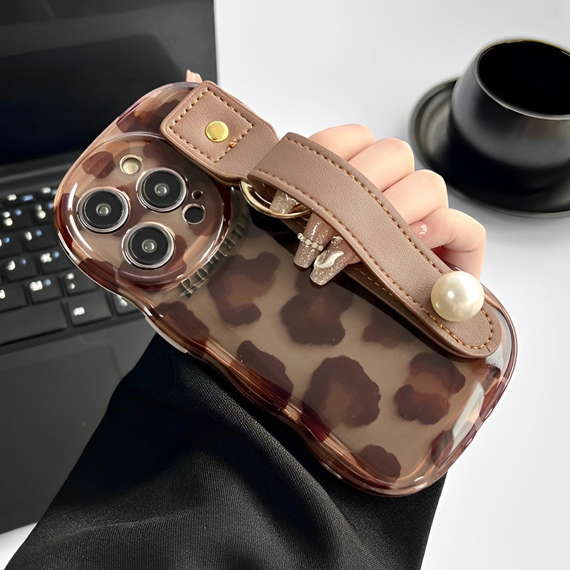 Leather case compatible with iPhone 14 15 case with wrist strap, leopard print.